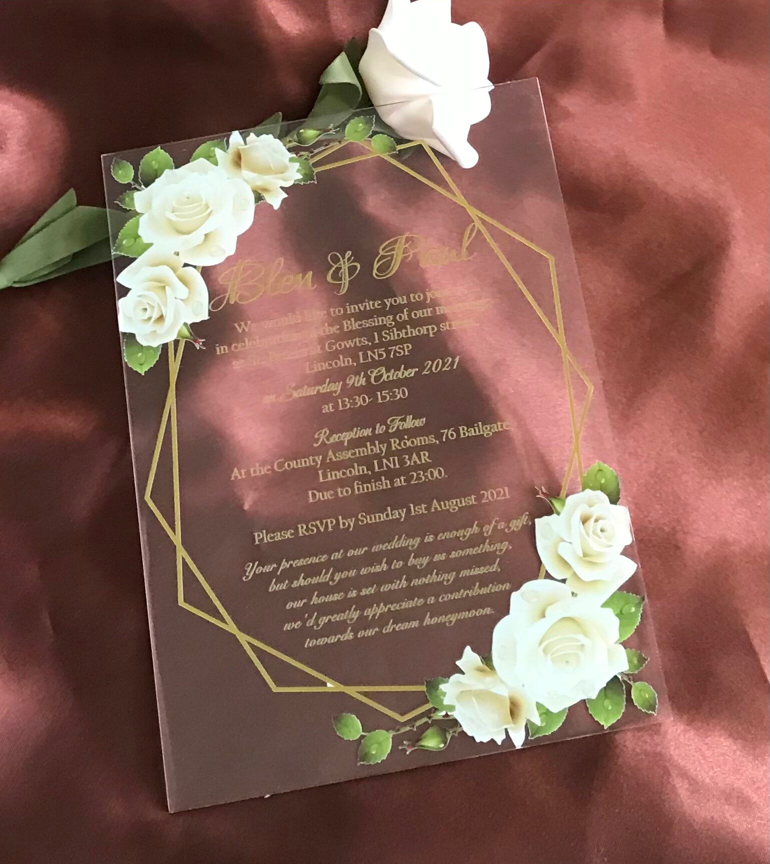 Gold Peony,Rose Flower Acrylic Wedding Invitation,Green Acrylic Invitation,Floral Pocket Envelopes,Custom 10pcs Gold Ink Invite