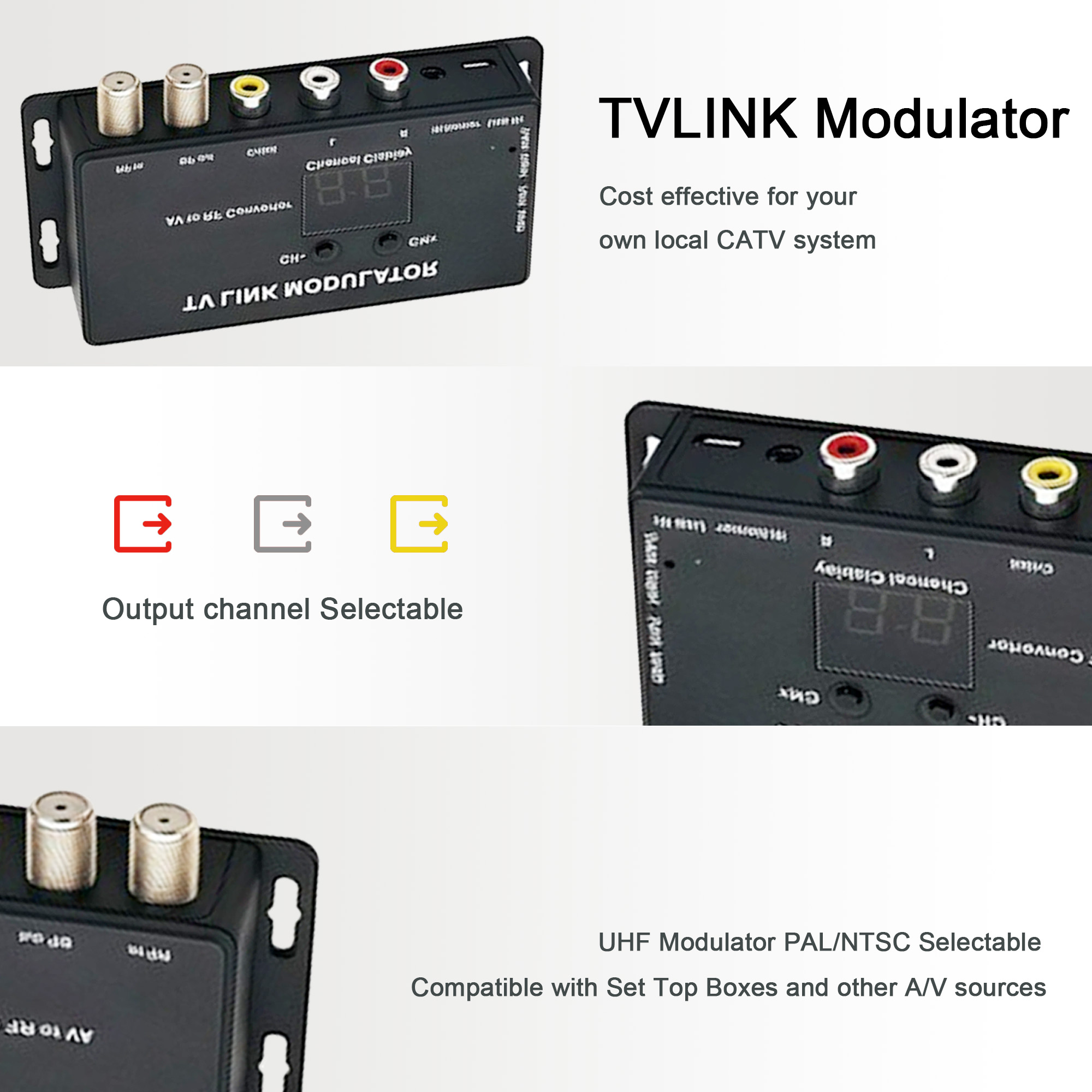 Modulador de ligação de tv av para rf, extensor de alcance de controle remoto ir, dispositivo de inserção de programa autoproduzido para tv analógica