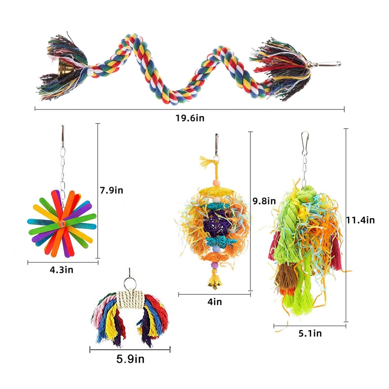 Paquete de 5 juguetes para masticar aves, triturador de forrajeo de loros, juguetes de forrajeo colgantes, perca, juguetes de loro para Bungee, juguete de pájaro