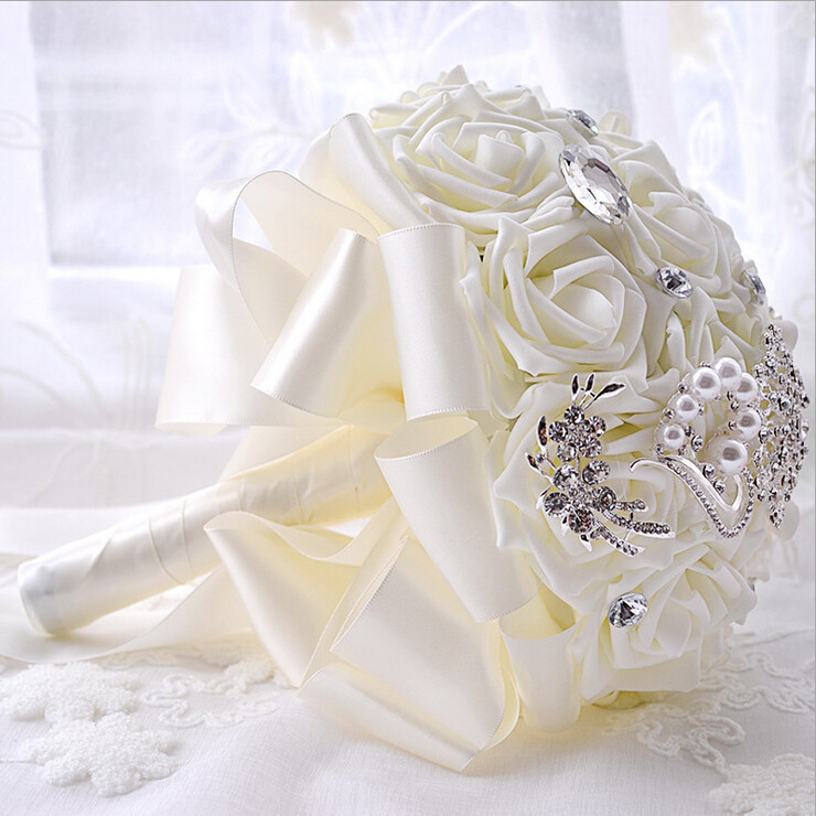 Bruiloft Bloemen Bruidsboeketten Crystal Kralen Kunstmatige Peony Rose Houder Met Lint Accessoires Bridal Levert
