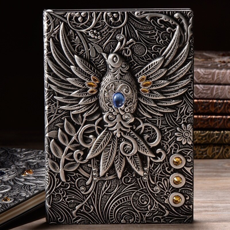 Vintage Embossed Leather Printing Travel Diary Notebook Travel Journal A5-Note Book 1pcs: Silver
