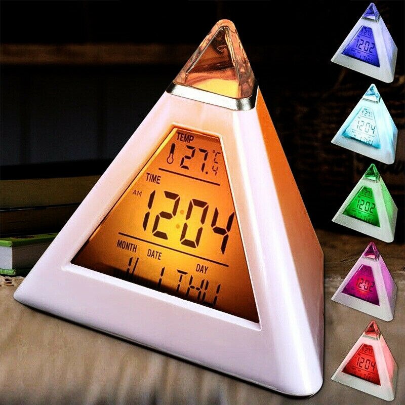 Digitale Lcd Wekker Thermometer Backlight Veranderen Klok Eeuwigdurende Kalender Kleurrijke Cone Piramide Stijl Home Decoratie