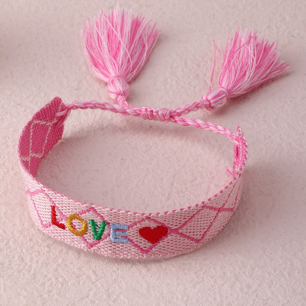 Bracelet en tissu brodé de lettres ethniques pour femmes, bijoux de luxe, style bohème, pompon réglable, d&#39;amitié: BZ1495F