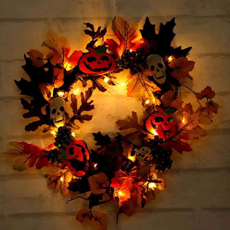 Halloween Kunstmatige Pompoen Krans Licht String Garland Herfst Oogst Esdoornblad Voordeur Guirlande Thanksgiving Decoratie #
