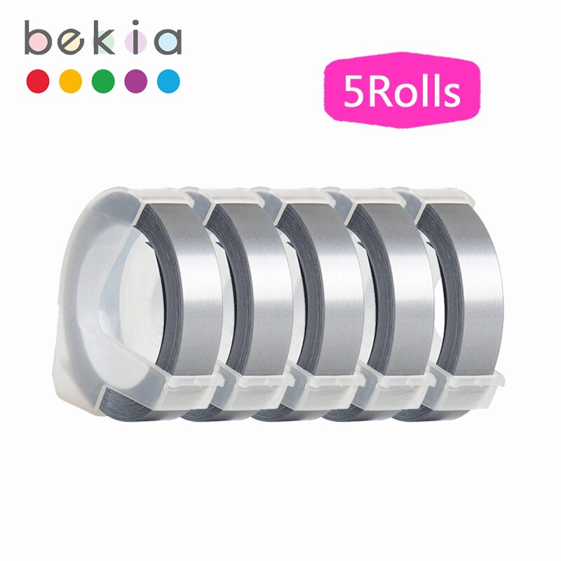 5 rolek 9mm 3D tłoczenie taśmy etykietowe kompatybilny Dymo drukarka etykiet do maszyn do pisania i taśmy do Dymo 1540 1880 1610 12965 Motex E101 202: White on Silver