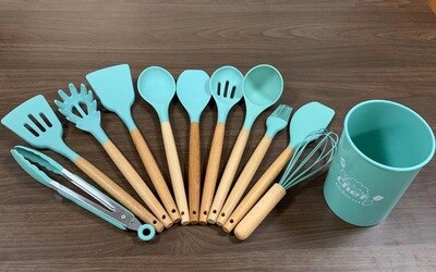 JOYLOVE 11 Uds conjunto de utensilios de cocina de silicona, mango de madera sólida rosa con caja de almacenamiento, Kit de utensilios de cocina accesorios de herramientas de cocina: Blue