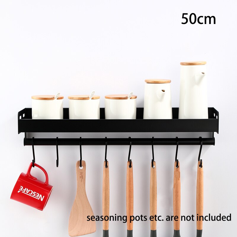 Crochet de rangement pour épices, étagère de cuisine, étagère murale, crochet de rangement pour ustensiles en aluminium, accessoires d&#39;organisation à domicile: Black50cm with hooks