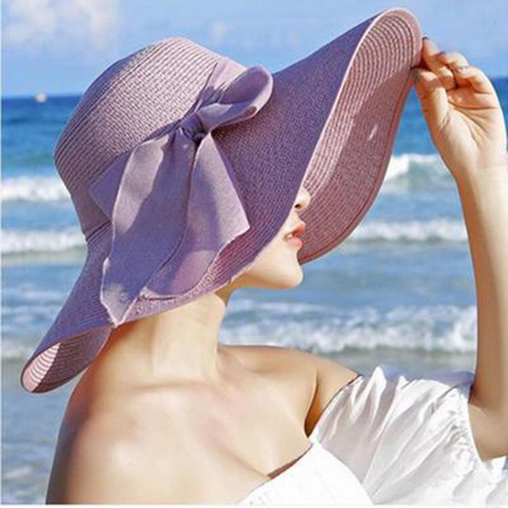 Zon Hoeden Voor Vrouwen Floppy Opvouwbare Wide Brim Stro Cap Chapeau Strikje Riem Dames Elegante Mode Zonnebrandcrème Strand Hoeden: Purple
