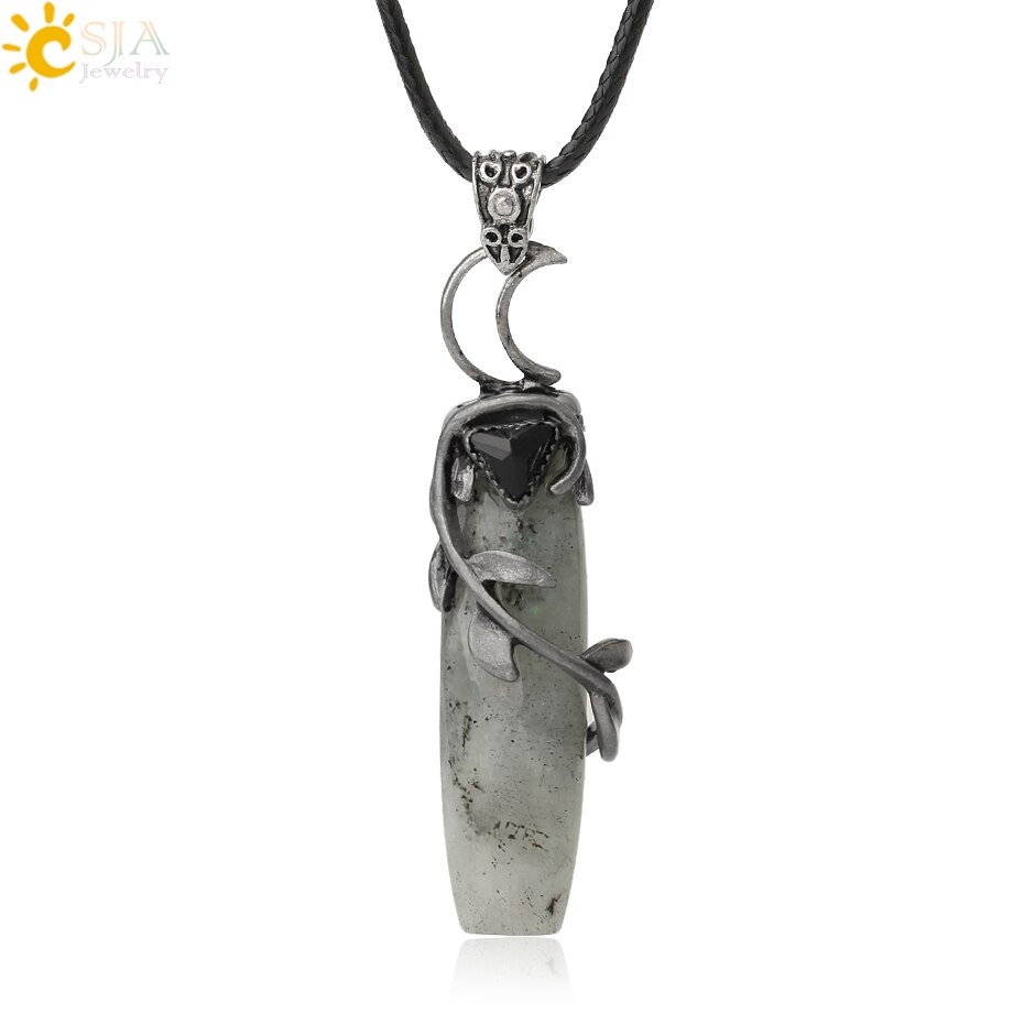 CSJA Antique Silver Color Pendant Necklaces Natural Crystal Stones Leaves Winding Faceted Rectangle Long Pendants Women Men G587: Labradorite Rope