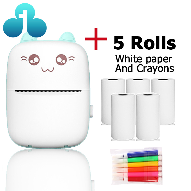 Portable Mini Thermal Printer Wirelessly BT 203dpi Photo Label Memo Wrong Question Printing With USB Cable Imprimante Portable: BLUE PLUS 5 PAPER