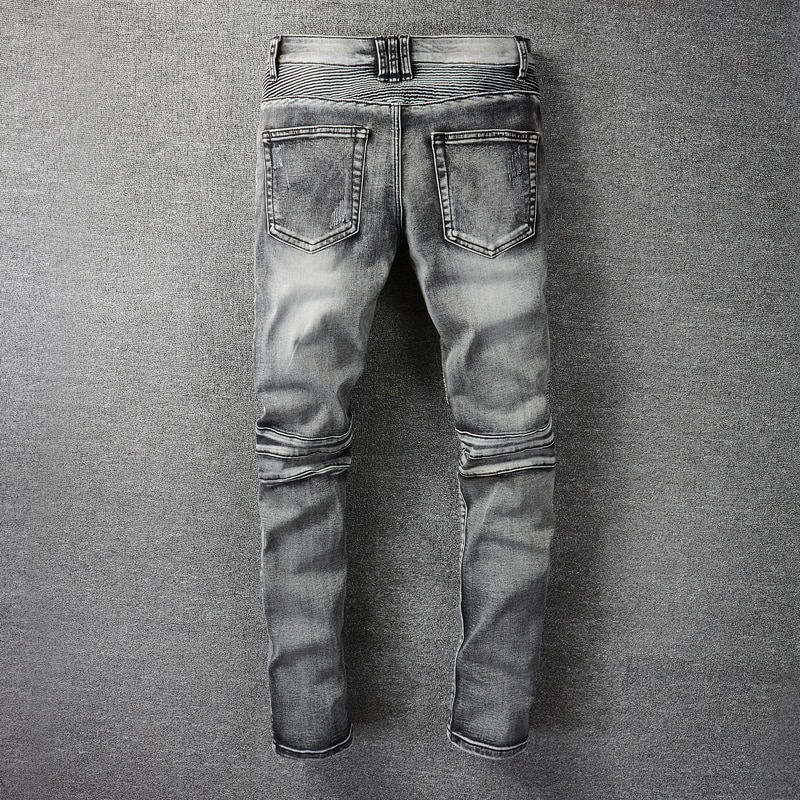 Amerikaanse Straat Stijl Mode Mannen Jeans Retro Grijs Vernietigd Spliced Gescheurde Jeans Voor Mannen Hip Hop Punk Biker Broek