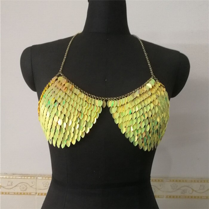 Women Sexy Handcrafted Chest Cover Up Bra Summer Beach Exaggerated Fish Scale Sequin Party Club Halter Bra Chain Sequined Top-40