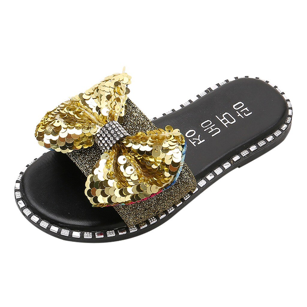 Girls Rhinestone Bow-knot Summer Slipper Children Kids Baby Girls Bling Sequins Crystal Princess Slipper Shoes pantuflas: Gold / 1