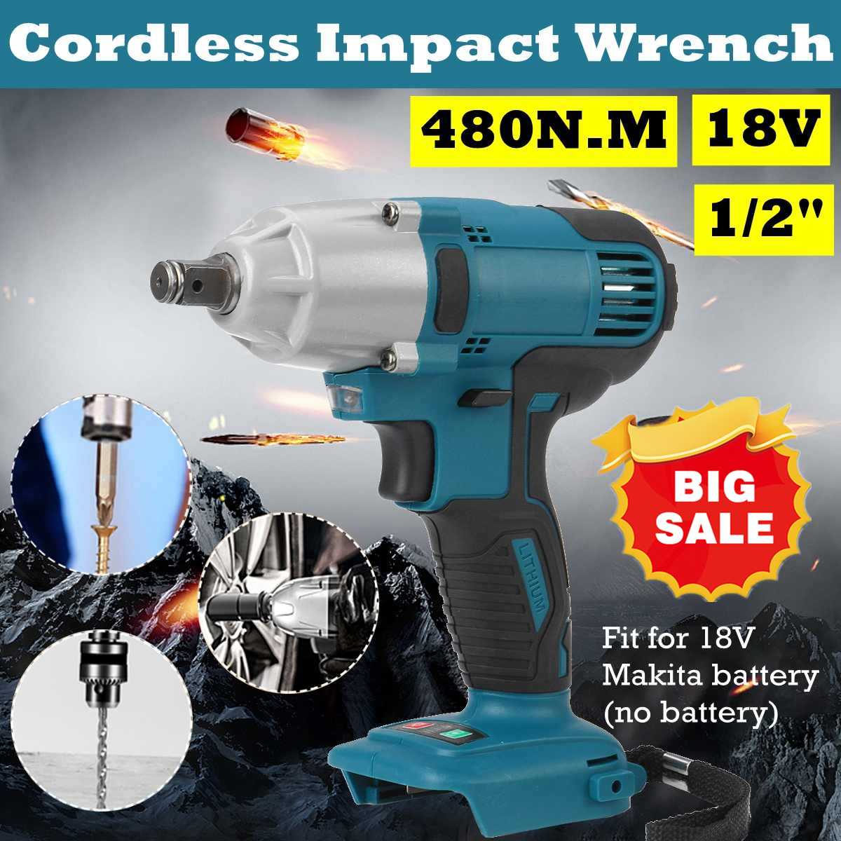 18V Cordless Impact Wrench Driver Motor 1/2 Square Electric Wrench 480N.M Torque With LED Light Adapted For Makita battery