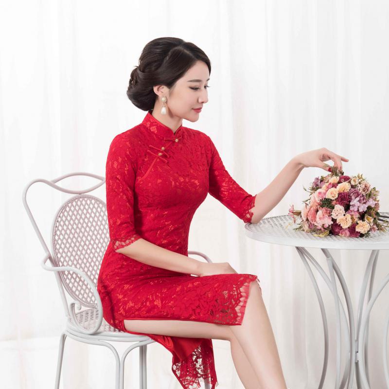 Sexy kanten jonge dame dobby cheongsam chinese traditionele mandarijn kraag vintage qipao slanke middellange vestidos oversized
