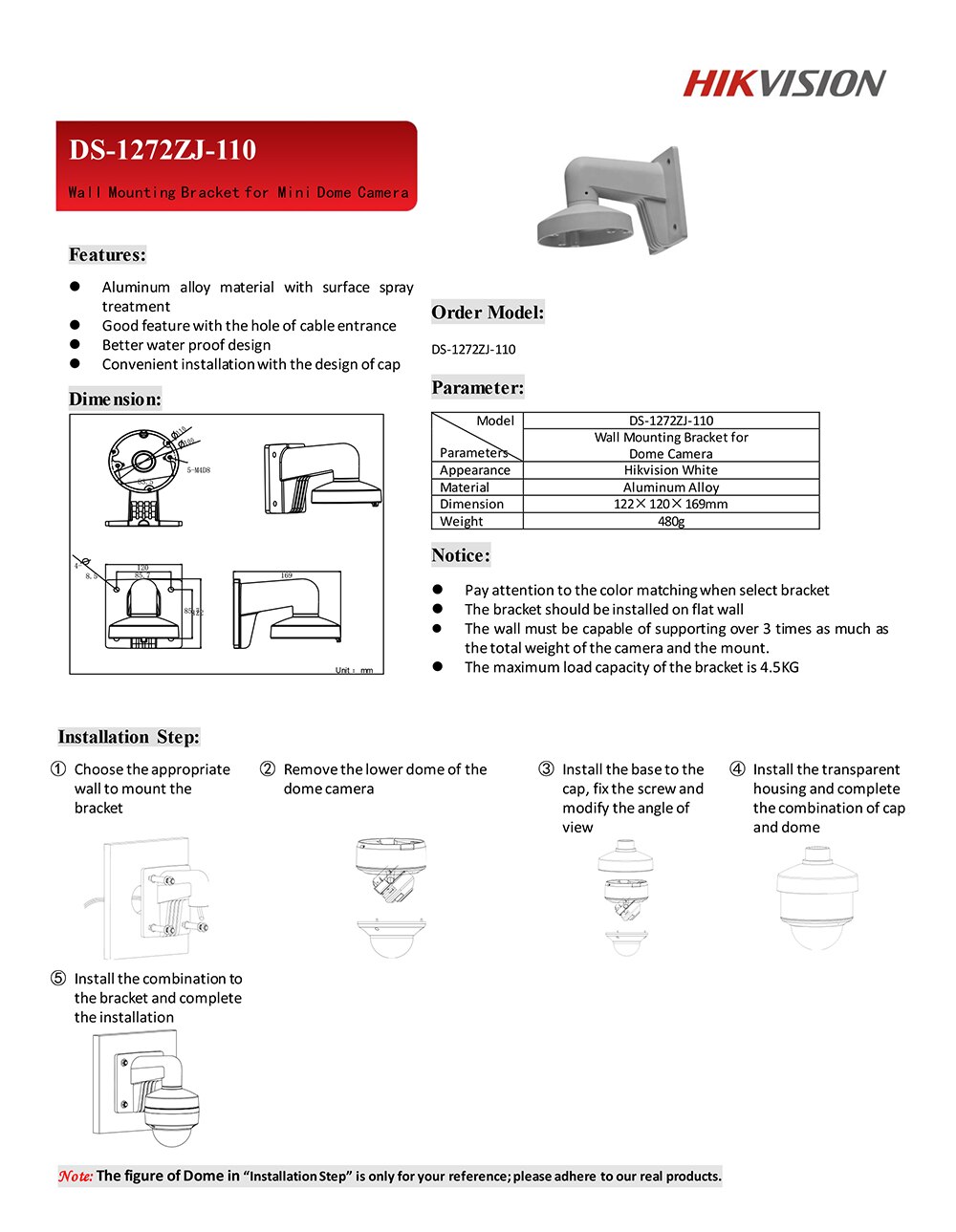 CCTV Camera Support DS-1272ZJ-110 Aluminum Alloy Wall Mount Bracket for Dome Camera DS-2CD2185FWD-IS