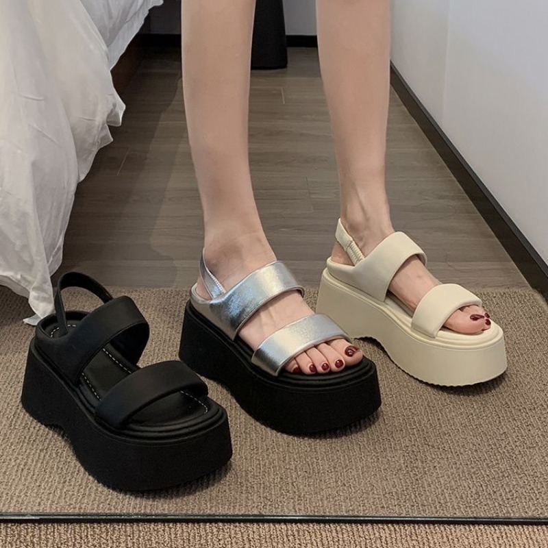 Sommer chunky sandaler dame kilehæle slides 8cm høje hæle læder afslappet kvinde strand tyk bund flip-flops