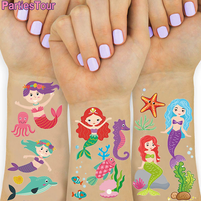 Mermaid Tijdelijke Tattoos Stickers Mermaid Verjaardagsfeestje Gunsten Vis Hippocampus Shell Tijdelijke Tattoos Mermaid Party Decor