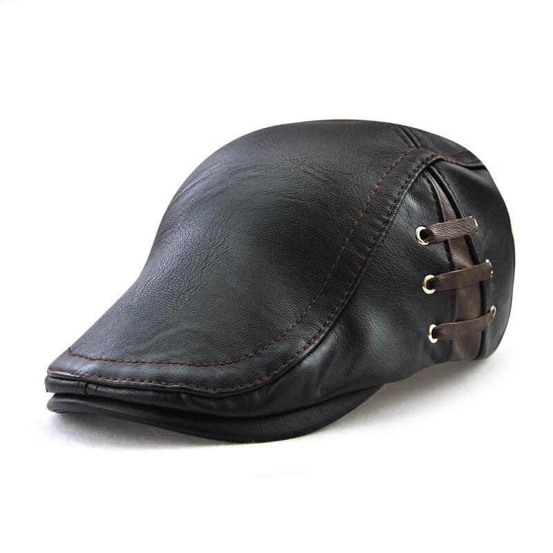 JAMONT PU Leather Caps Windproof Man Beret Bandage Hat Spring Flat Cap Casquette Warm Side Strap Boina Masculina: Black