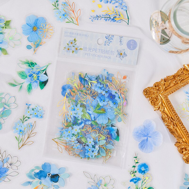 DIY 40 pcs Golden Outline Spring Flowers Art Life Home Journal Decorative Stickers