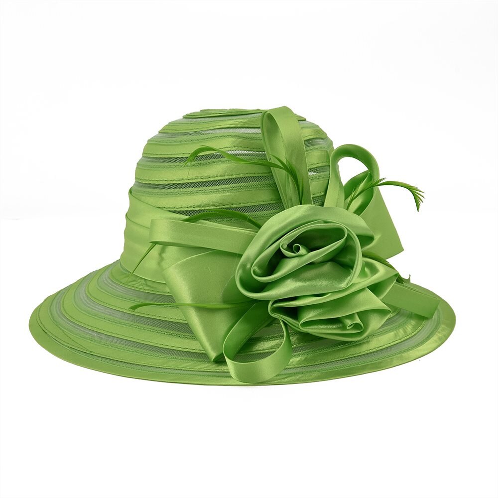 VOBOOM Organza été chapeau femmes vert large bord Protection solaire mariage église mer plage chapeaux rayure dames chapeau arc fleur 001: green