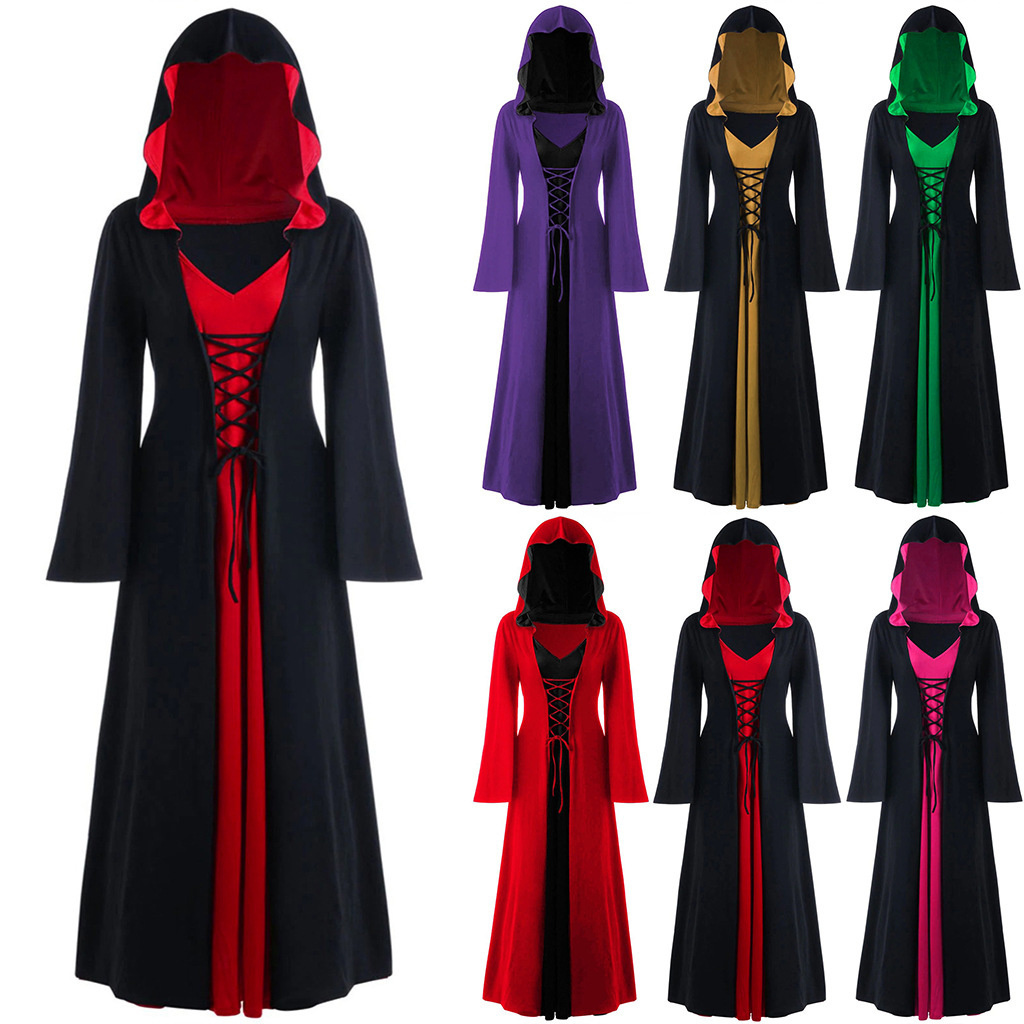 Medieval Dress For Women Lace-up Vintage Hooded Cloak Robe Adult Costume Retro Cosplay Halloween Scary Vampire Witch Long Dress