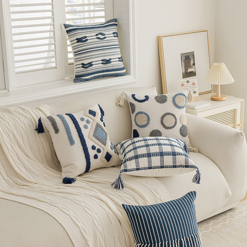 30X50/45x45CM Blue Plush Throw Pillow Cover Simple Geometry Living Room Sofa Cushion Waist Cover Plush Home Decor Cover