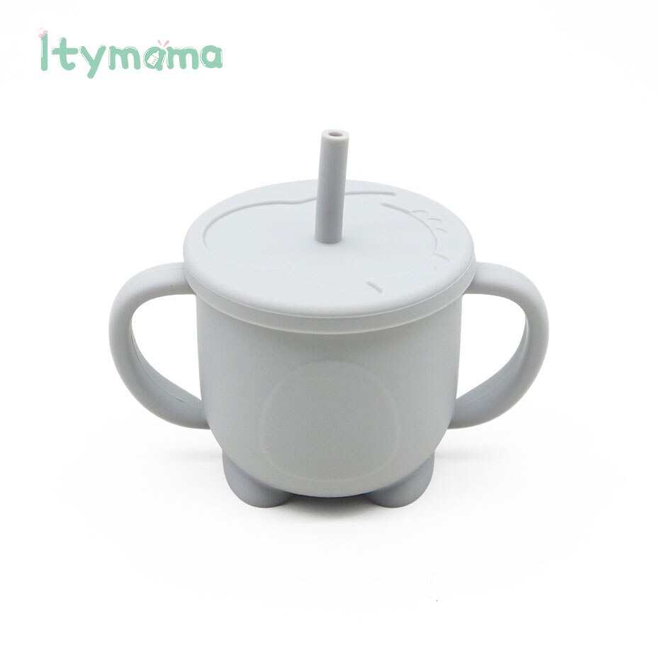 Tazas de alimentación para bebés, taza de aprendizaje para beber de silicona, con asa, tapas de silicona sólidas: Gris