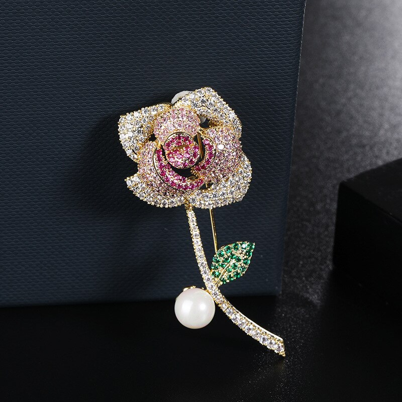 HOYON Brooch - White Gold & Champagne Gold - Pearl Flower - 14k Stamp - Vintage Style: Champagne Gold