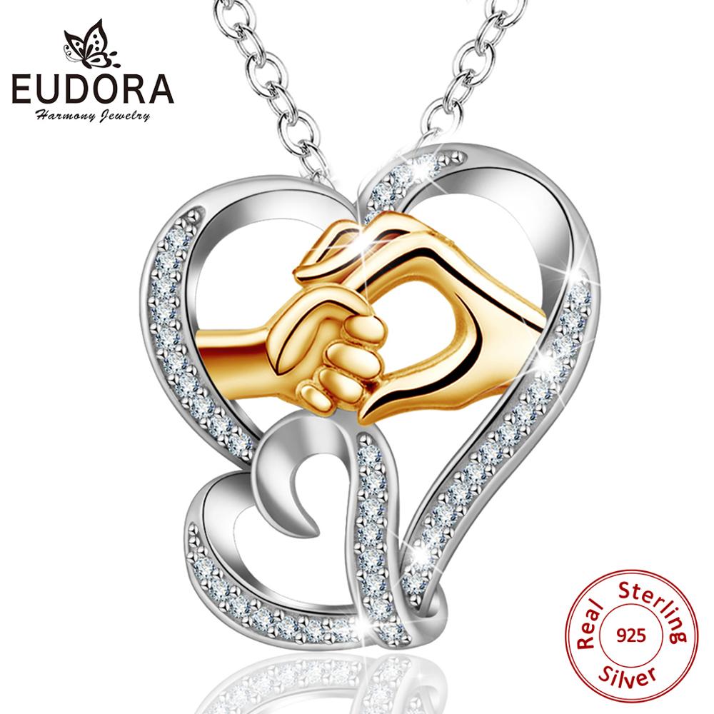 EUDORA Mom Loves Baby Hand in Hand 925 Sterling Silver AAA Zircon Charm Necklace Pendant Mother's day For Mom D159