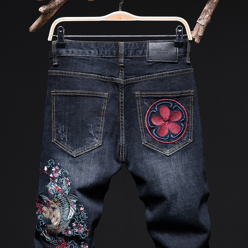 Pantalones vaqueros rasgados para hombre, jeans ajustados con bordado de carpa, ropa de calle, elásticos, ajustados, para motocicleta
