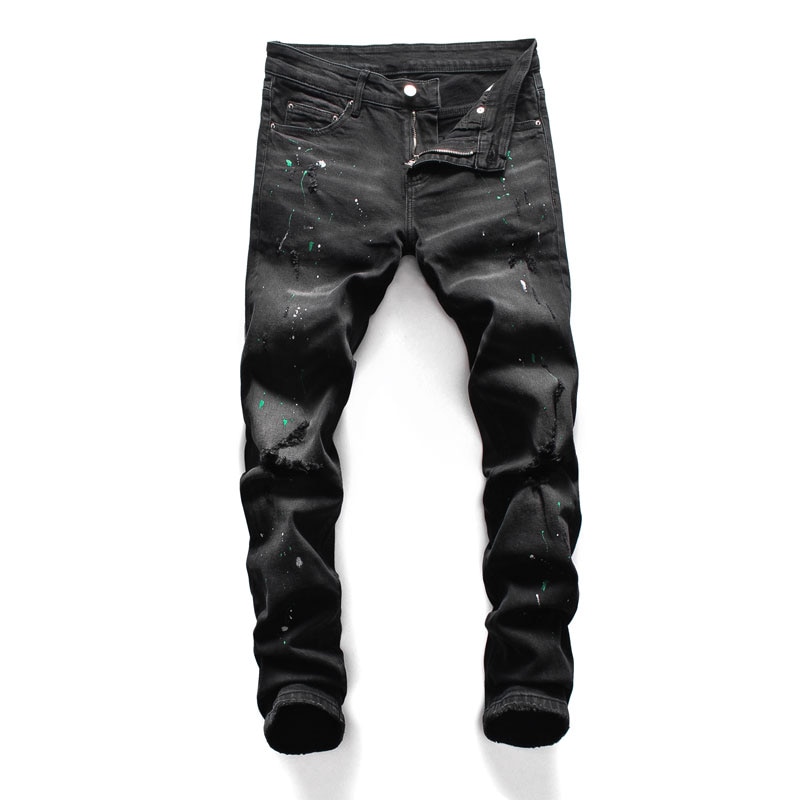 Streetwear Mannen Jeans Zwarte Kleur Verf Ripped Jeans Mannen Punk Broek Elastische Slim Fit Hip Hop Jeans homme