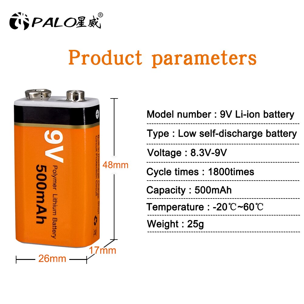 Palo 9V Oplaadbare Batterij 500Mah Lithium Oplaadbare Batterij 9V 6f22 Batterij Oplaadbare