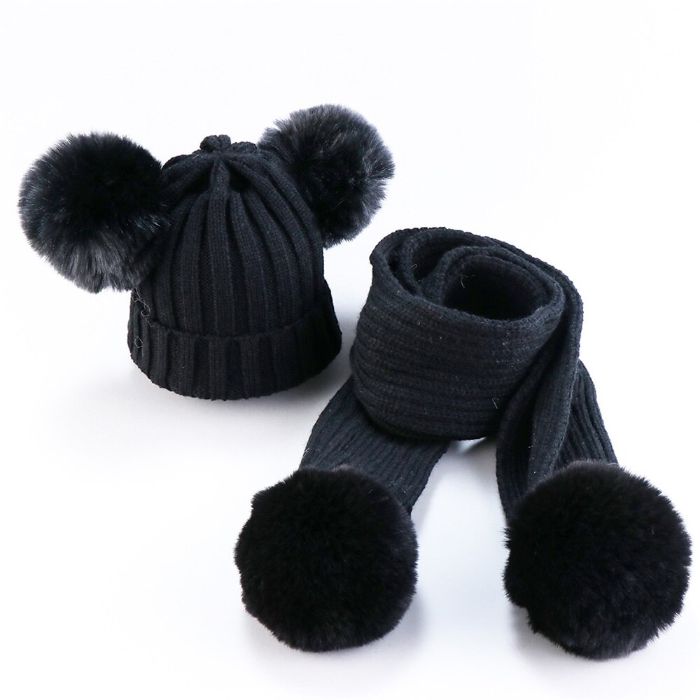 Cute Baby Hat Scarf Suit Autumn Winter Infant Poms Boy Girl Hat Scarf Set Fur Ball Caps Kids Soft Warm Knitted Hats Beanies: Black Hat Scarf Set