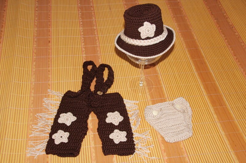 Frete grátis, chapéu de vaqueiro do bebê de crochê, chapéu de estilo cowboy recém-nascido, calças, conjuntos de capas de fraldas, foto recém-nascido prop tamanho: 0-1m,3-4m