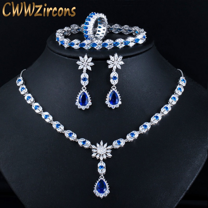 CWWZircons 4 pz Blu Zircone Cubico di Cristallo Del Fiore di Goccia di Cerimonia Nuziale dell'orecchino Della Collana Del Braccialetto Anello di Monili di costume Da Sposa impostato T439