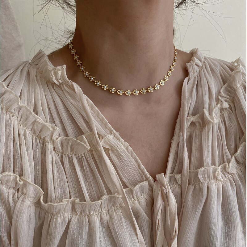 Golden Daisy Chain Chokers Met Witte Of Blauwe Stenen-Boho Ketting Voor Lente Zomer Minimalistische Daisy Bloem Vrouwelijke Chokers