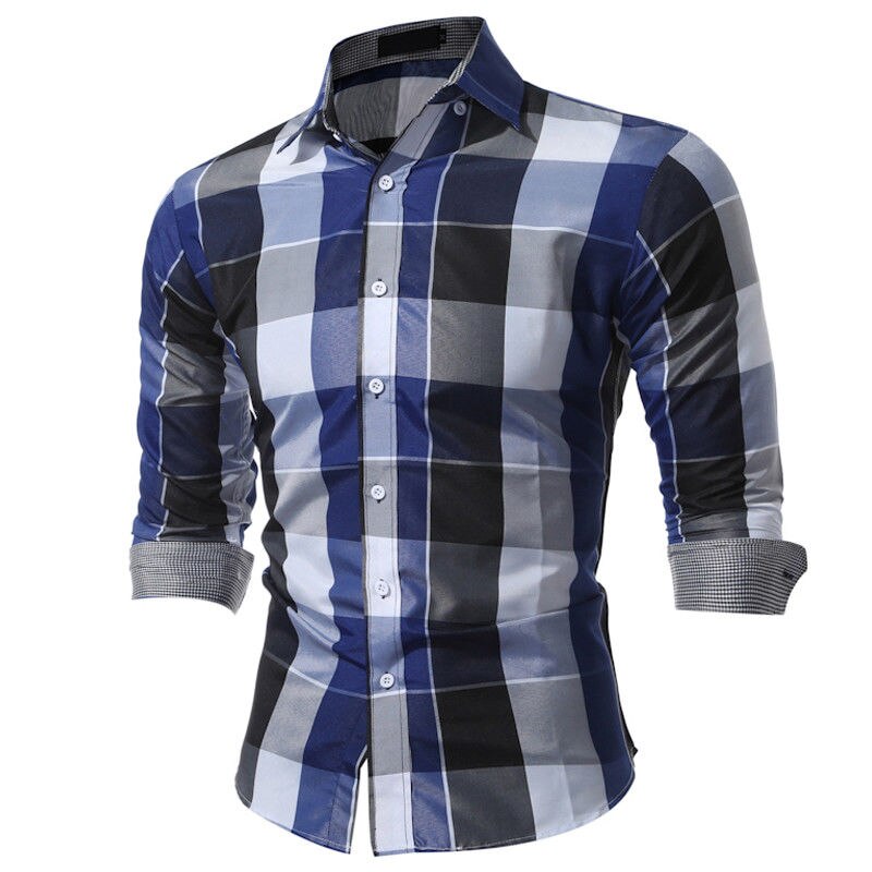 Men Slim Fit Shirts Long Sleeve Cotton Plaid Tee Shirts Casual Chemise Homme Mens Checkered Casual Handsome Men Blouse: Blue / M