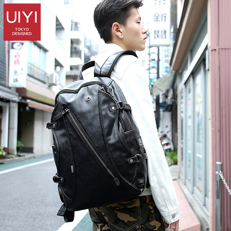 UIYI Korean men's backpack PU leather camouflage backpack large capacity school bag travel laptop bag Headphone hole mochilas