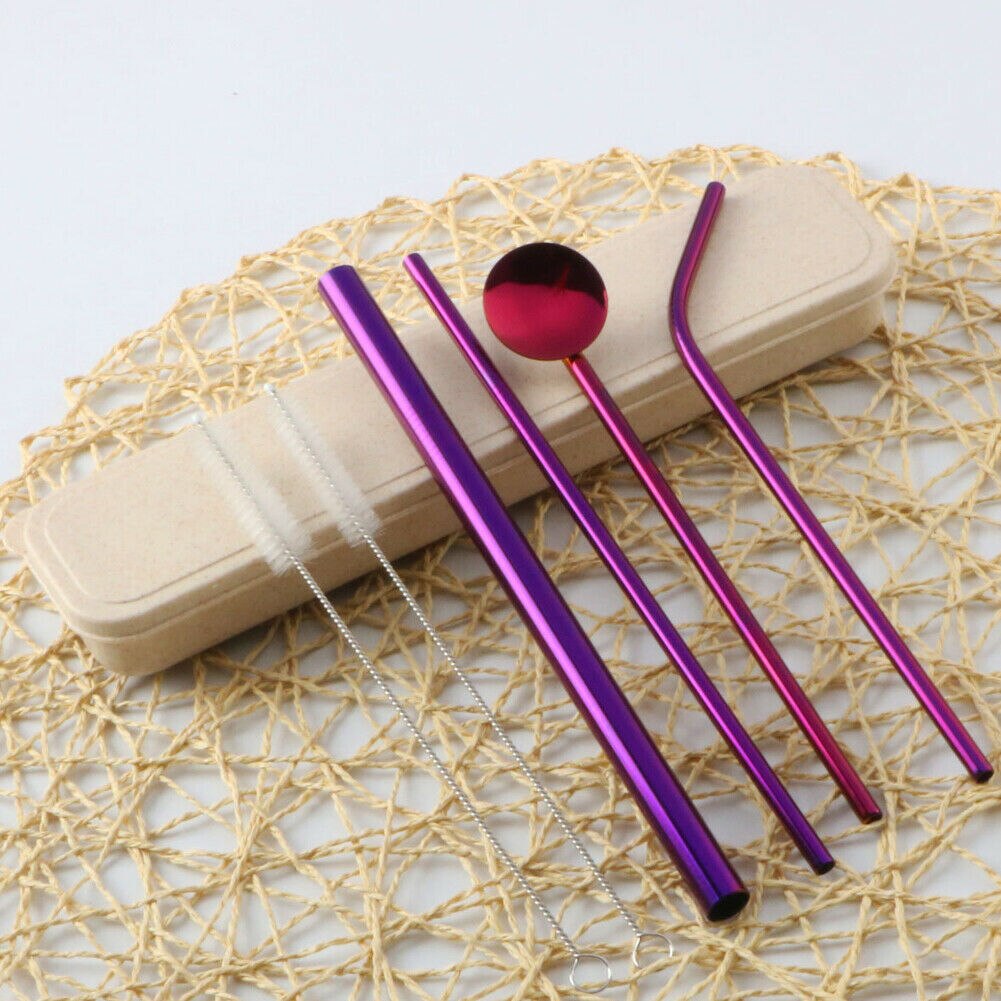 4Pcs Set Reusable Stainless Steel Metal Straw Drinking Straws Washable With 2 Cleaning Brush For Mugs: Purple Red