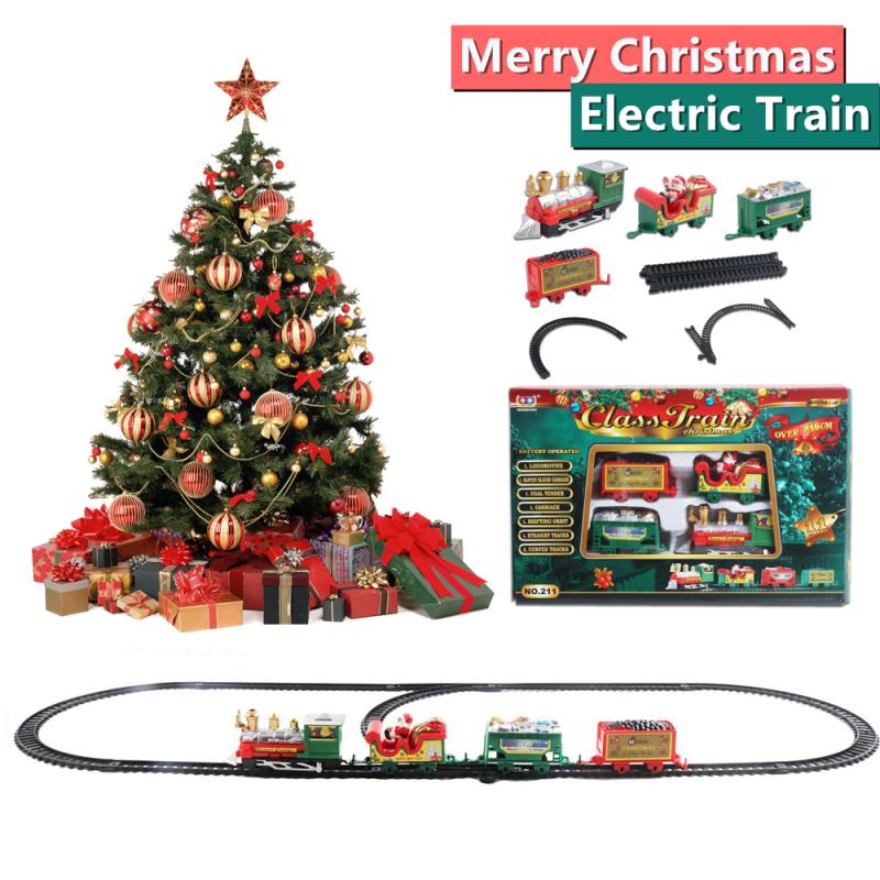 Jul elektrisk järnväg biltåg leksak barns elektriska leksak järnväg tåg set racing väg transport bygga leksaker