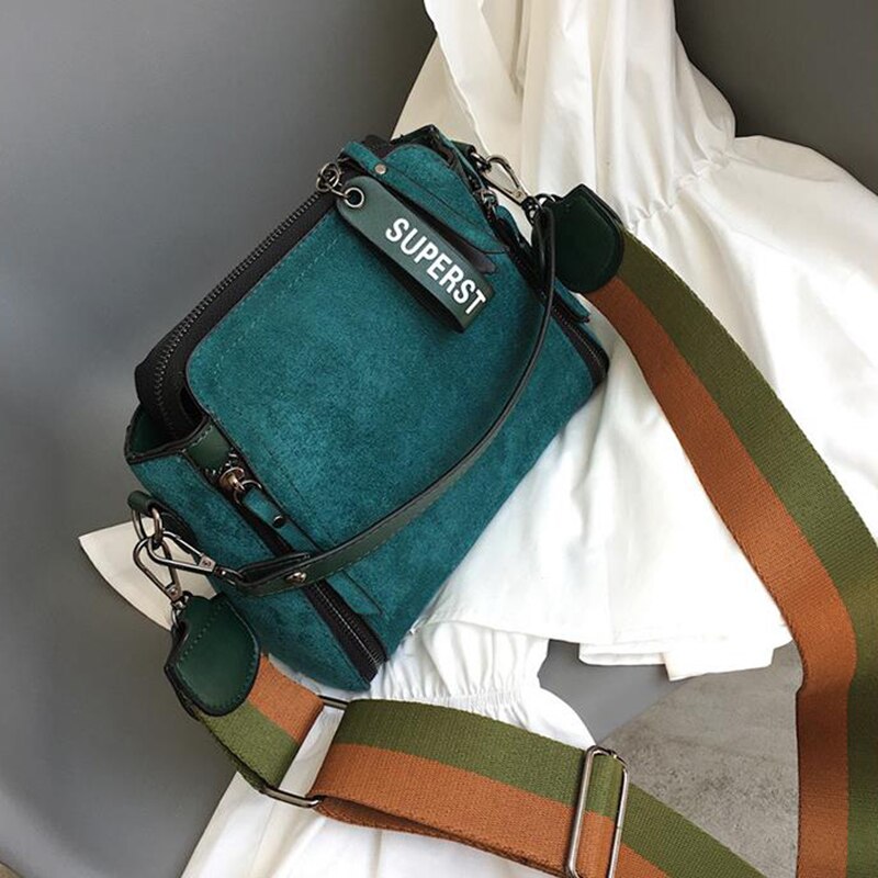 Vintage mat crossbody taske pu læder skuldertaske bred skulderrem spand taske trendy messenger bag dame håndtaske sæk: Grøn