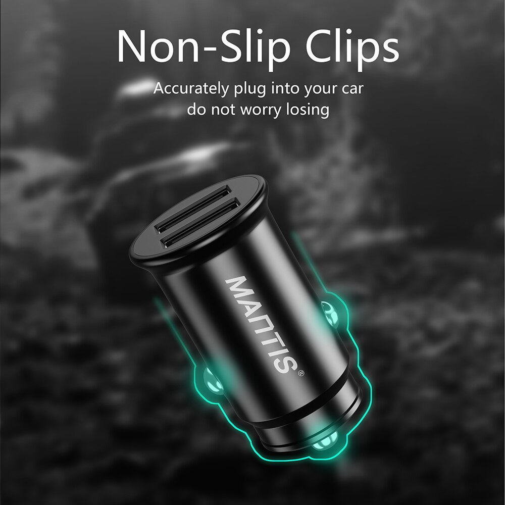 Mini cargador de coche MANTIS 4.8A, Cargador USB Dual de carga rápida para el coche para iphone Samsung S8 S9 S10, adaptador de tableta de teléfono móvil para el coche