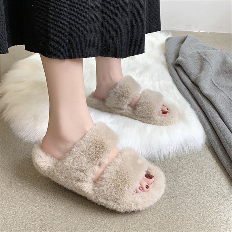 Enplei kvinner vinterhus fuzzy slippers pels varme sko kvinne slip on flats kvinnelige furry slides koselig hjem str 35-40