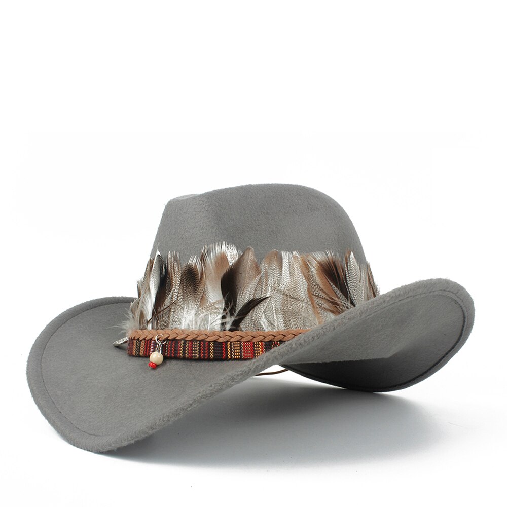 Sombrero de vaquero occidental de lana para niño y niña, Sombrero de cuero con agujeros, Outblack, Sombrero de Jazz para Hombre: Gray