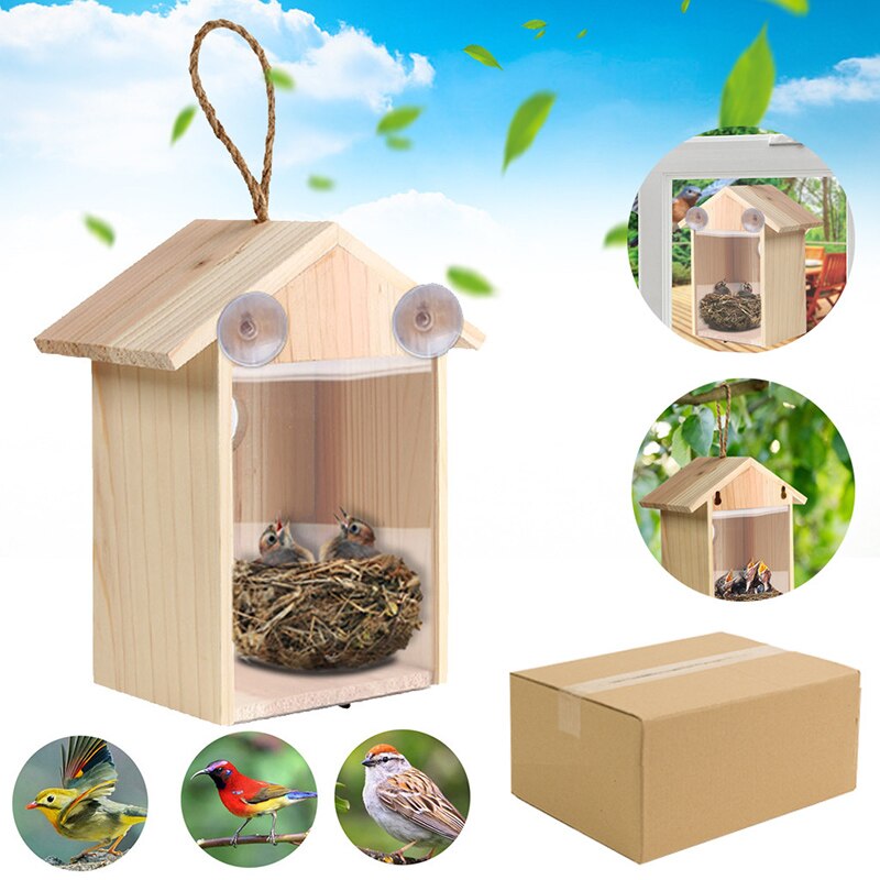 DIY Bird Nest Wood Birds Nest Wooden Hanging Bird House Wall-Mounted Handmade Eco-friendly Birds Cage Outdoor Birdhouse Garden