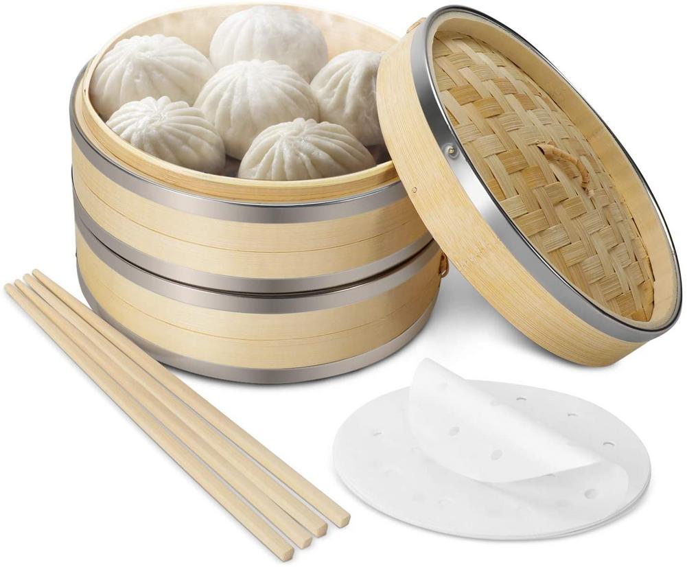 3-- lags kinesisk bambus damper dampet boller dim sum ris køkken damper hylde rack dampende bakke køkkengrej med låg: Default Title