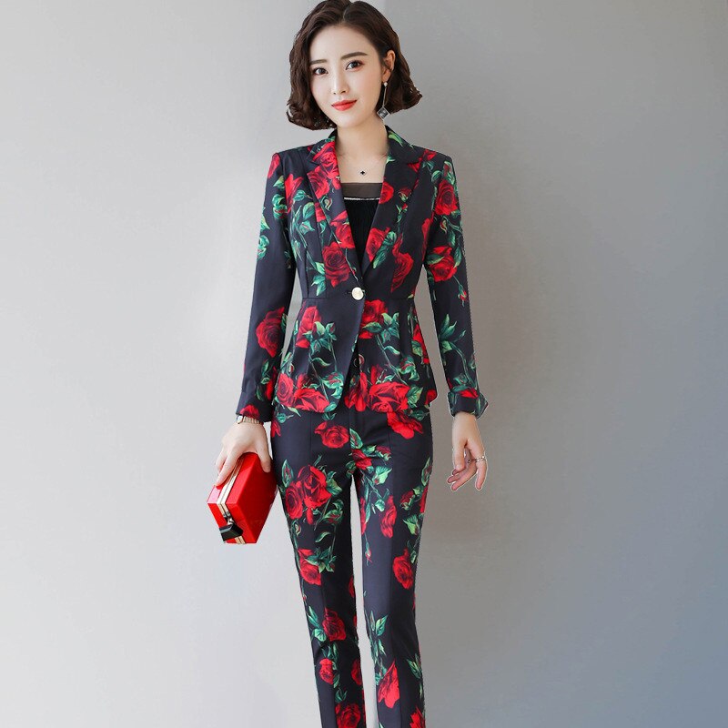 Flower Print Formal Suit Women Office Lady Blazer Set OL Blazers Jacket Uniform Long Sleeve Chinese Style Pants Suit B133