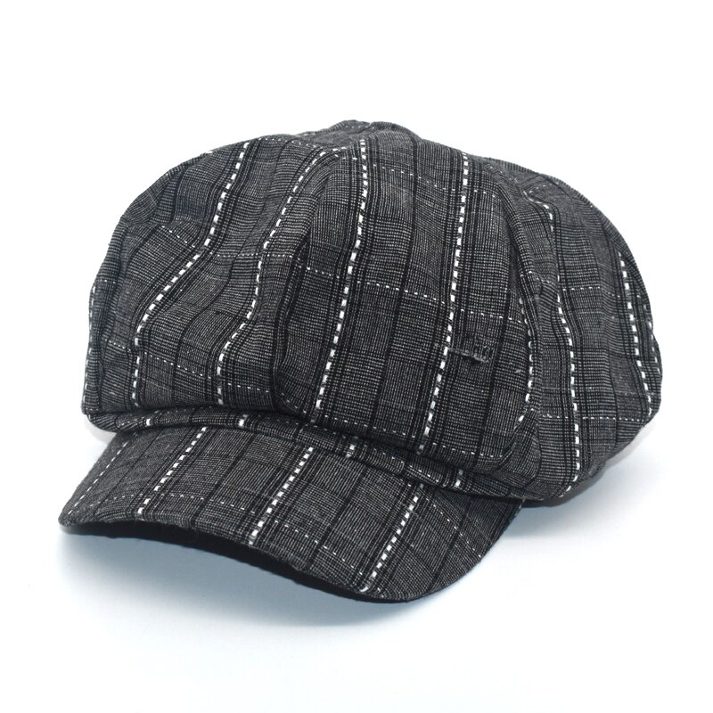 Fuodrao ottekantede hatte kvinder koreanske afslappet plaid baret hat vintage hatte gorras maler hat newboy caps  c7: Mørkegrå