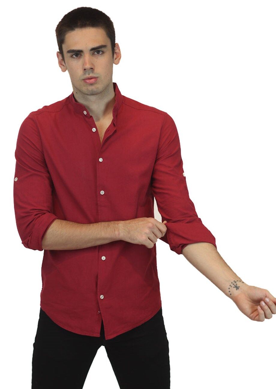 Camisa recta de manga larga para hombre, color Burdeos: M